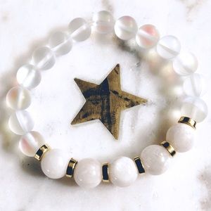 Moonstone and Aura Quartz Mala Bracelet 6"